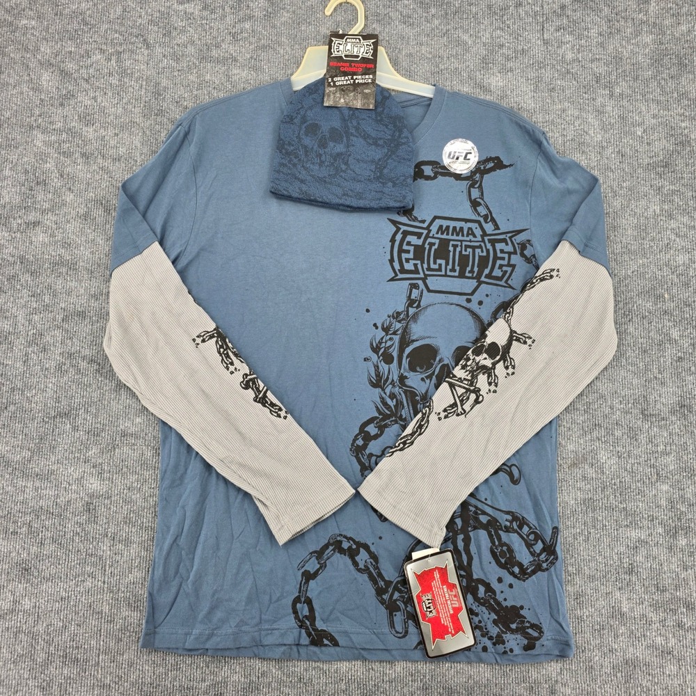 MMA Elite Mens XL Long Sleeve Graphic T-Shirt and Beanie Set Blue Grey Skull UFC